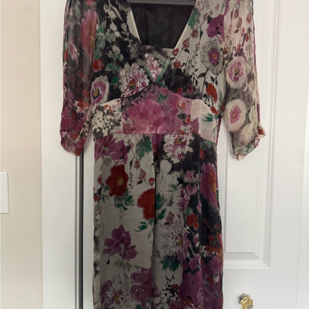 Etro Black Pink Midi Dress with Bishop Sleeves and V-Neck